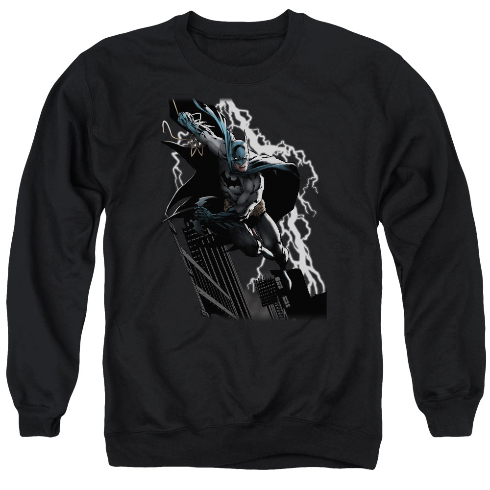 AN OFFCIALLY LICENSED JLA LIGHTING CRASHES ADULT UNISEX CREWNECK SWEATSHIRT BLACK