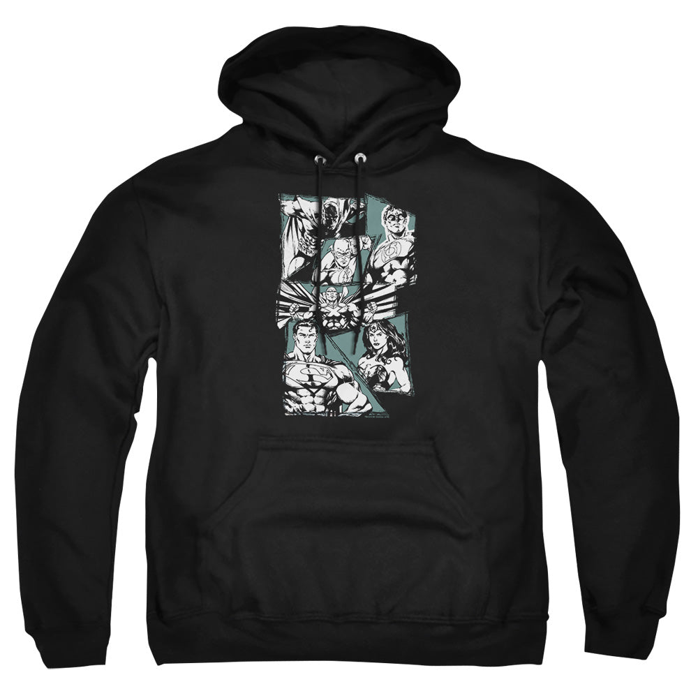 AN OFFCIALLY LICENSED JLA A MIGHTY LEAGUE ADULT UNISEX PULLOVER HOODIE BLACK