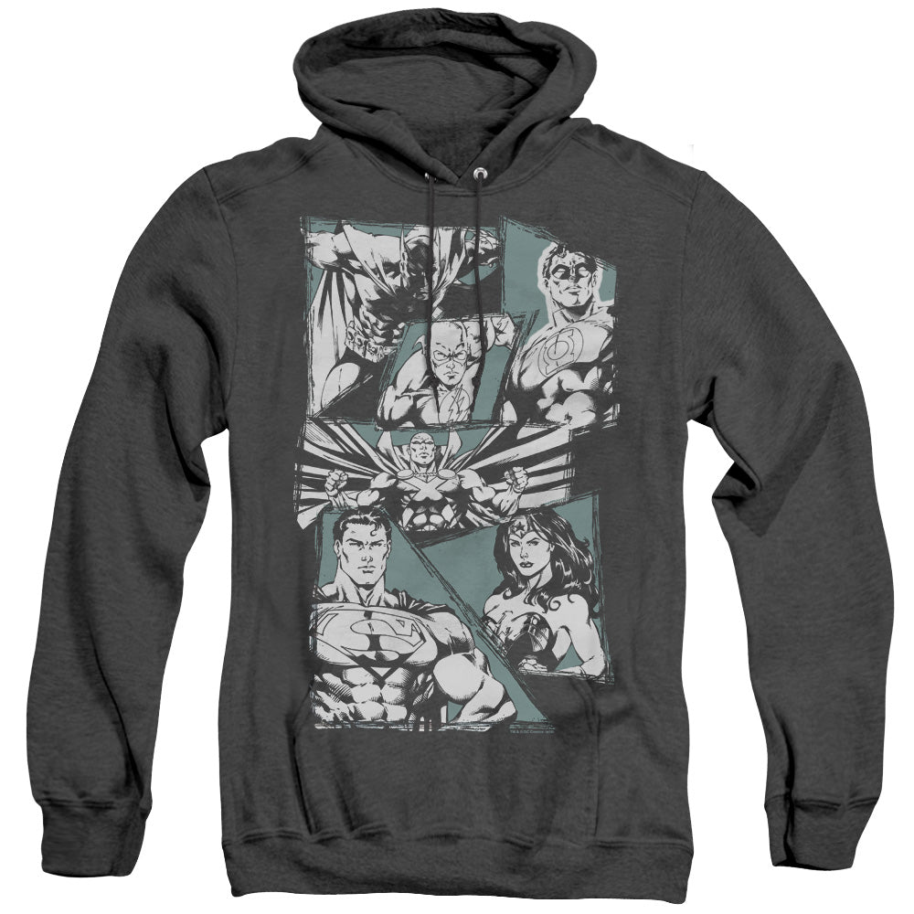 AN OFFCIALLY LICENSED JLA A MIGHTY LEAGUE ADULT UNISEX HEATHER PULLOVER HOODIE BLACK