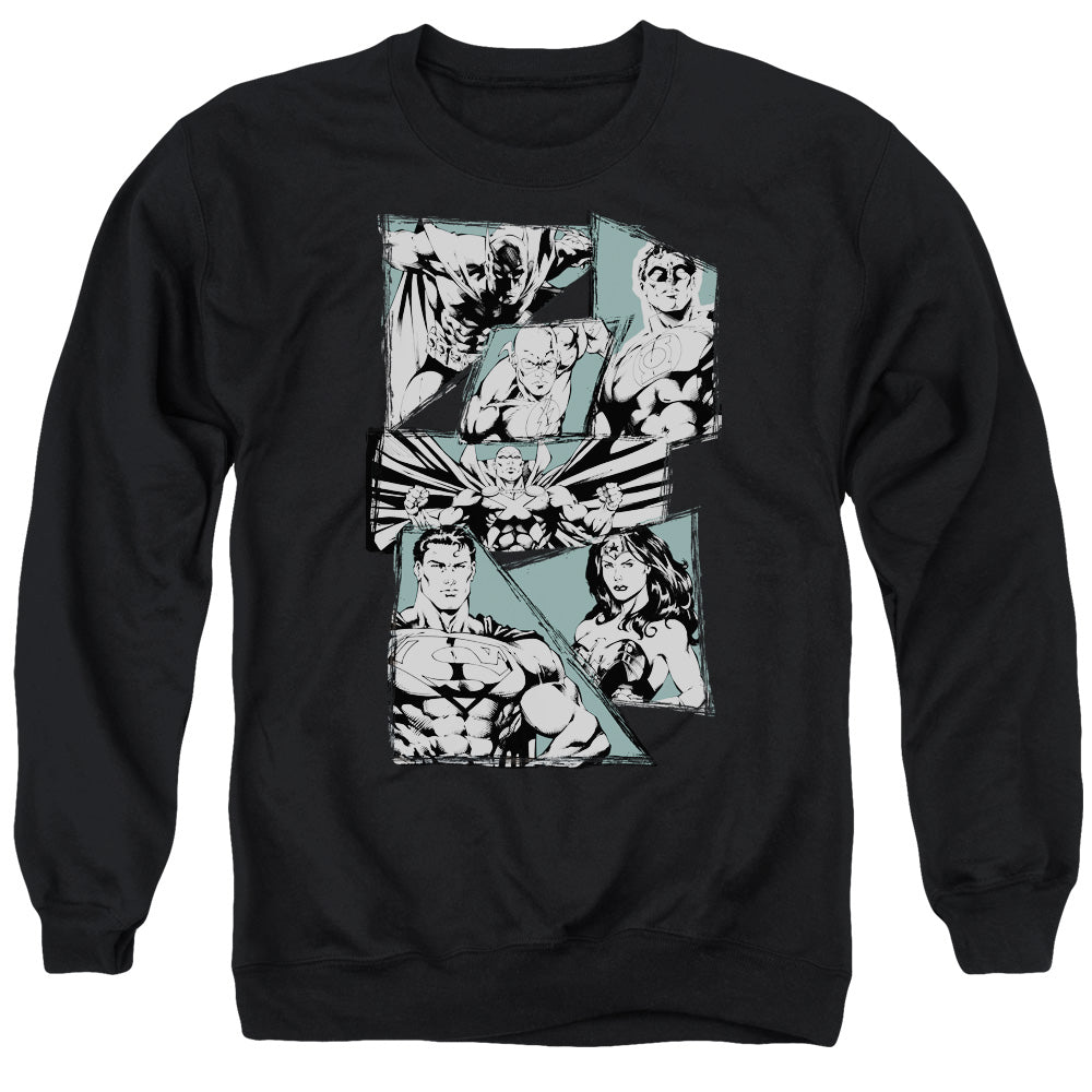 AN OFFCIALLY LICENSED JLA A MIGHTY LEAGUE ADULT UNISEX CREWNECK SWEATSHIRT BLACK