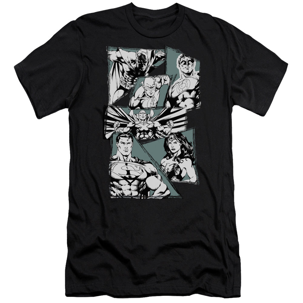 AN OFFCIALLY LICENSED JLA A MIGHTY LEAGUE MEN'S PREMIUM SLIM FIT T-SHIRT BLACK