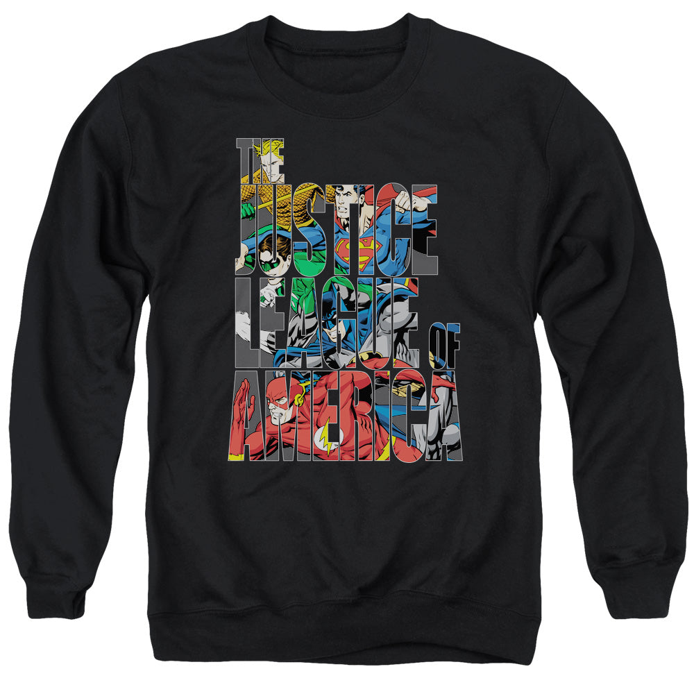 AN OFFCIALLY LICENSED JLA LETTERED LEAGUE ADULT UNISEX CREWNECK SWEATSHIRT BLACK