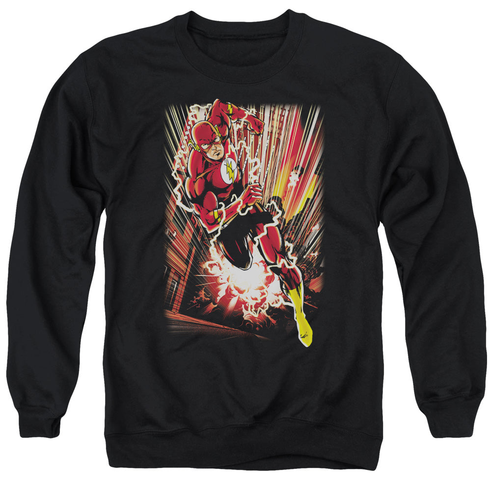 AN OFFCIALLY LICENSED JLA STREET SPEED ADULT UNISEX CREWNECK SWEATSHIRT BLACK