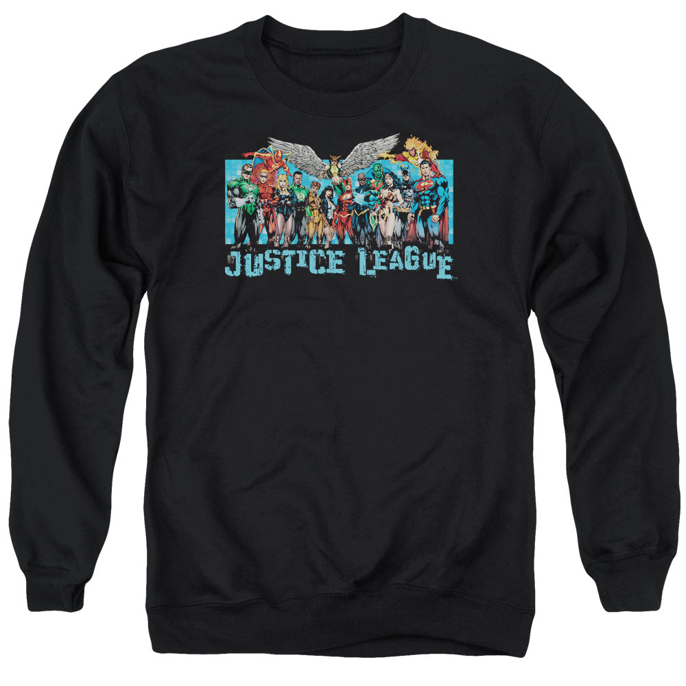 AN OFFCIALLY LICENSED JLA LEAGUE LINEUP ADULT UNISEX CREWNECK SWEATSHIRT BLACK