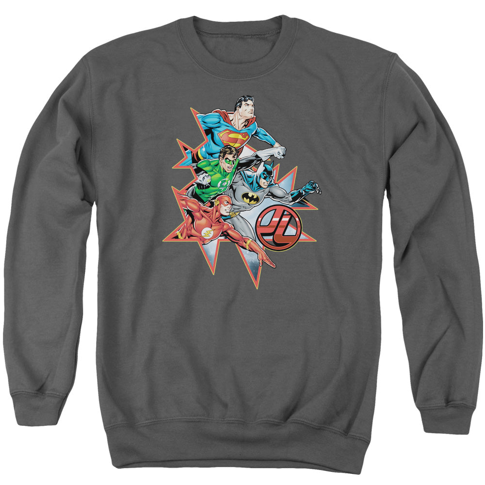 AN OFFCIALLY LICENSED JLA STARBURST ADULT UNISEX CREWNECK SWEATSHIRT CHARCOAL