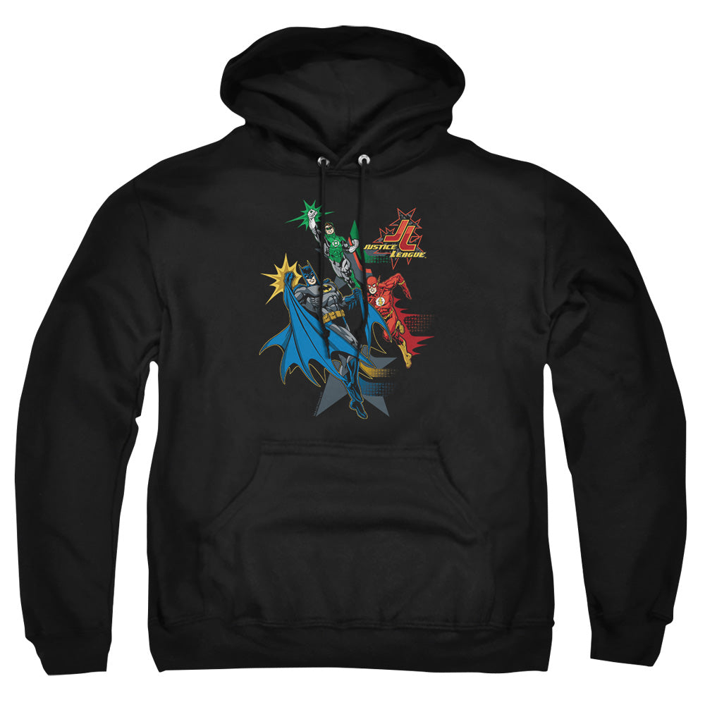AN OFFCIALLY LICENSED JLA ACTION STARS ADULT UNISEX PULLOVER HOODIE BLACK