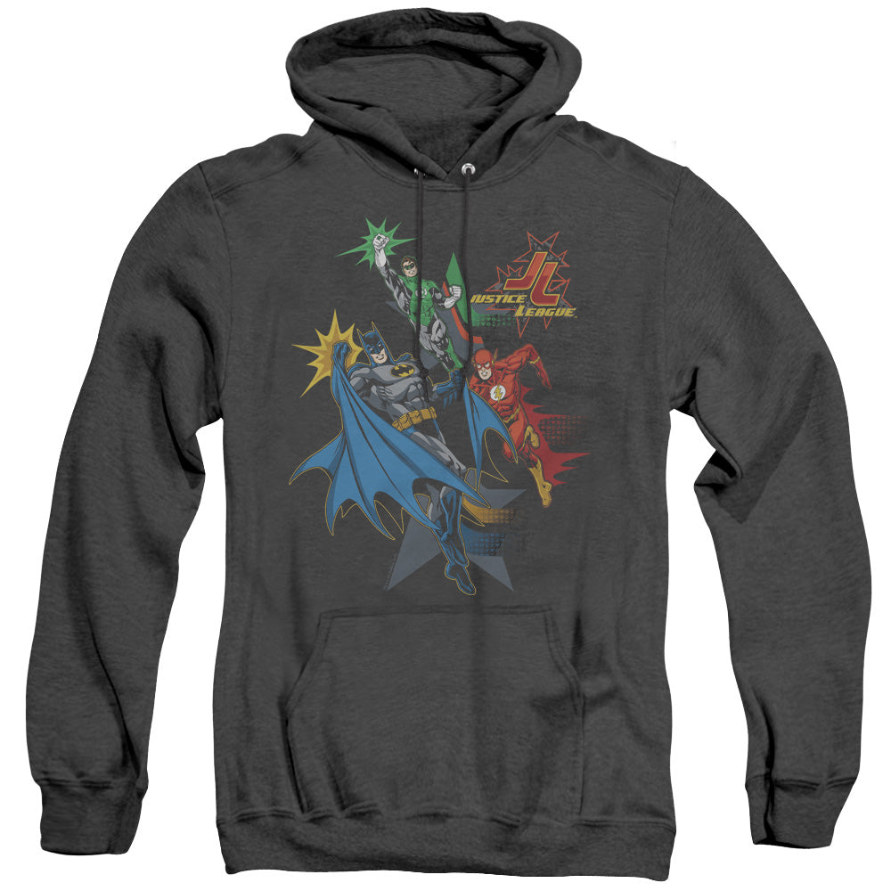 AN OFFCIALLY LICENSED JLA ACTION STARS ADULT UNISEX HEATHER PULLOVER HOODIE BLACK