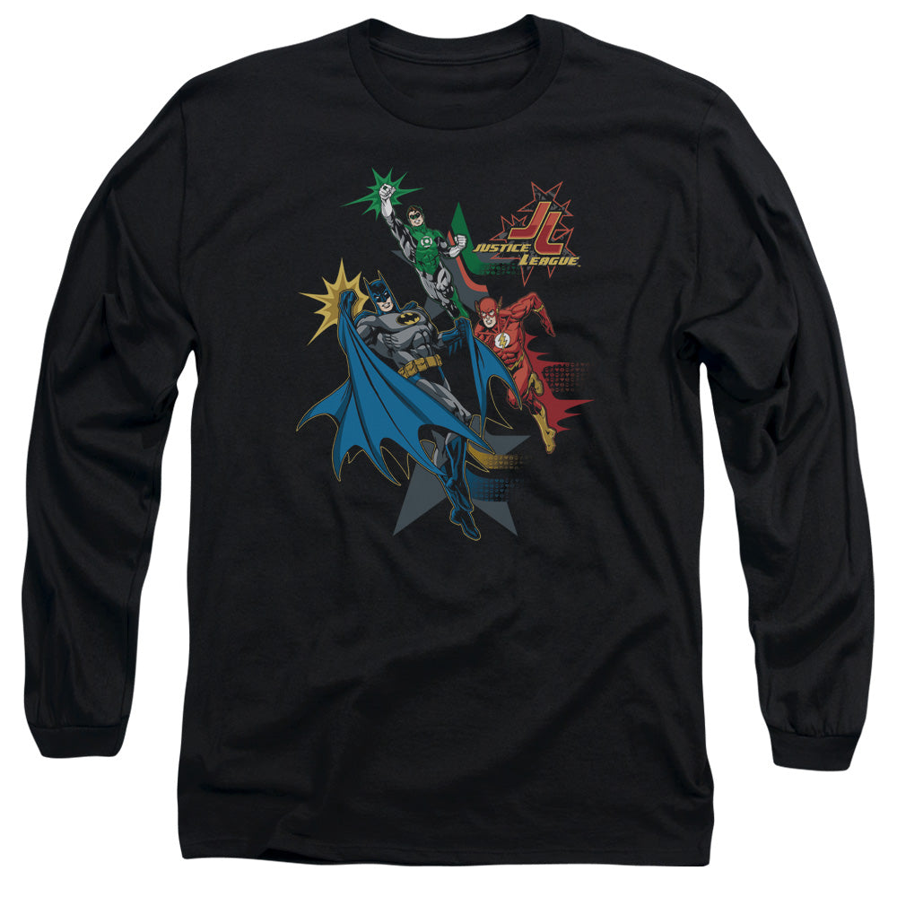 AN OFFCIALLY LICENSED JLA ACTION STARS MEN'S LONG SLEEVE T-SHIRT BLACK