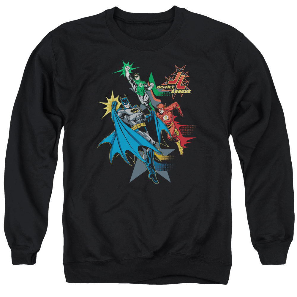 AN OFFCIALLY LICENSED JLA ACTION STARS ADULT UNISEX CREWNECK SWEATSHIRT BLACK