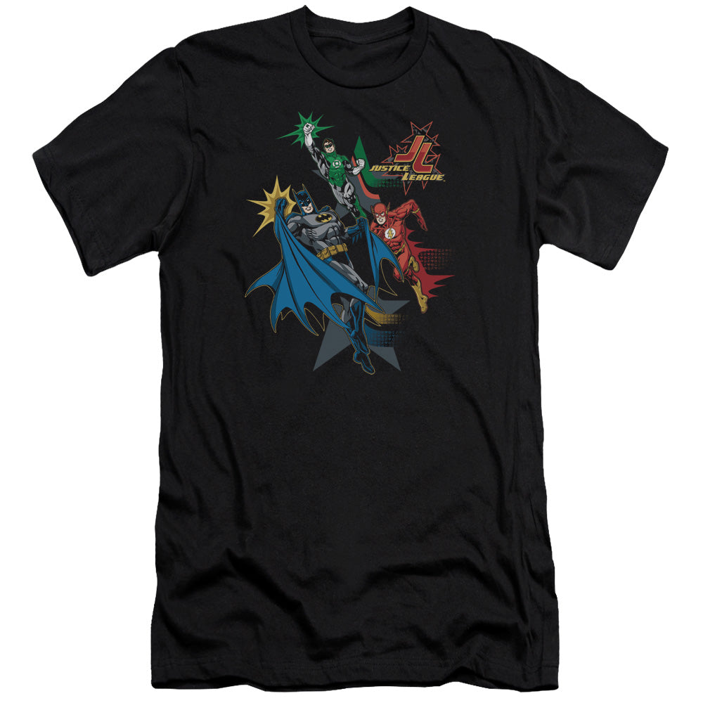 AN OFFCIALLY LICENSED JLA ACTION STARS MEN'S PREMIUM SLIM FIT T-SHIRT BLACK
