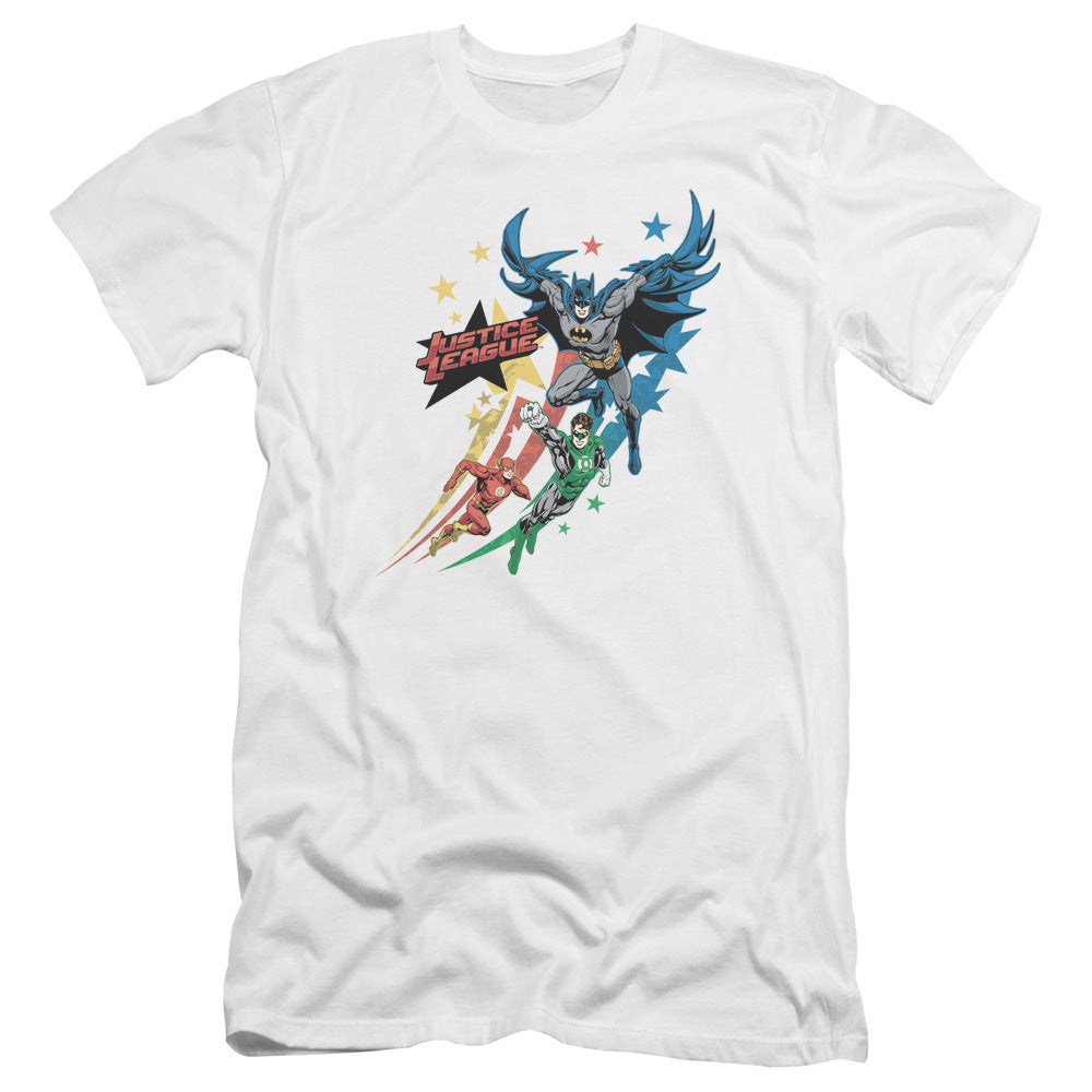 AN OFFCIALLY LICENSED JLA ALLEGIANCE MEN'S PREMIUM SLIM FIT T-SHIRT WHITE