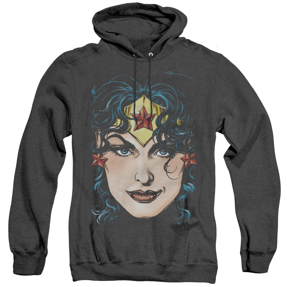 AN OFFCIALLY LICENSED DCO JLA WONDER WOMAN HEAD ADULT UNISEX HEATHER PULLOVER HOODIE BLACK