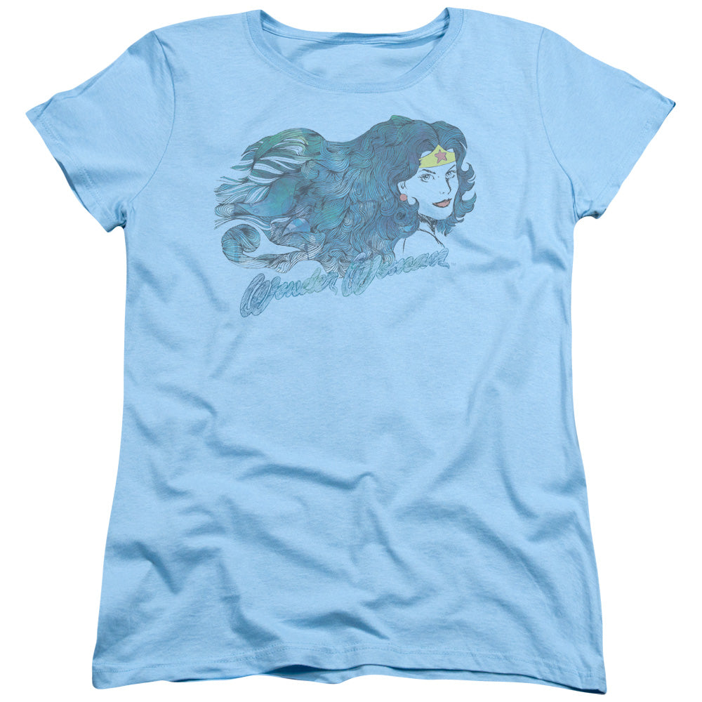AN OFFCIALLY LICENSED JLA WATERCOLOR HAIR WOMEN'S REGULAR FIT T-SHIRT LIGHT BLUE