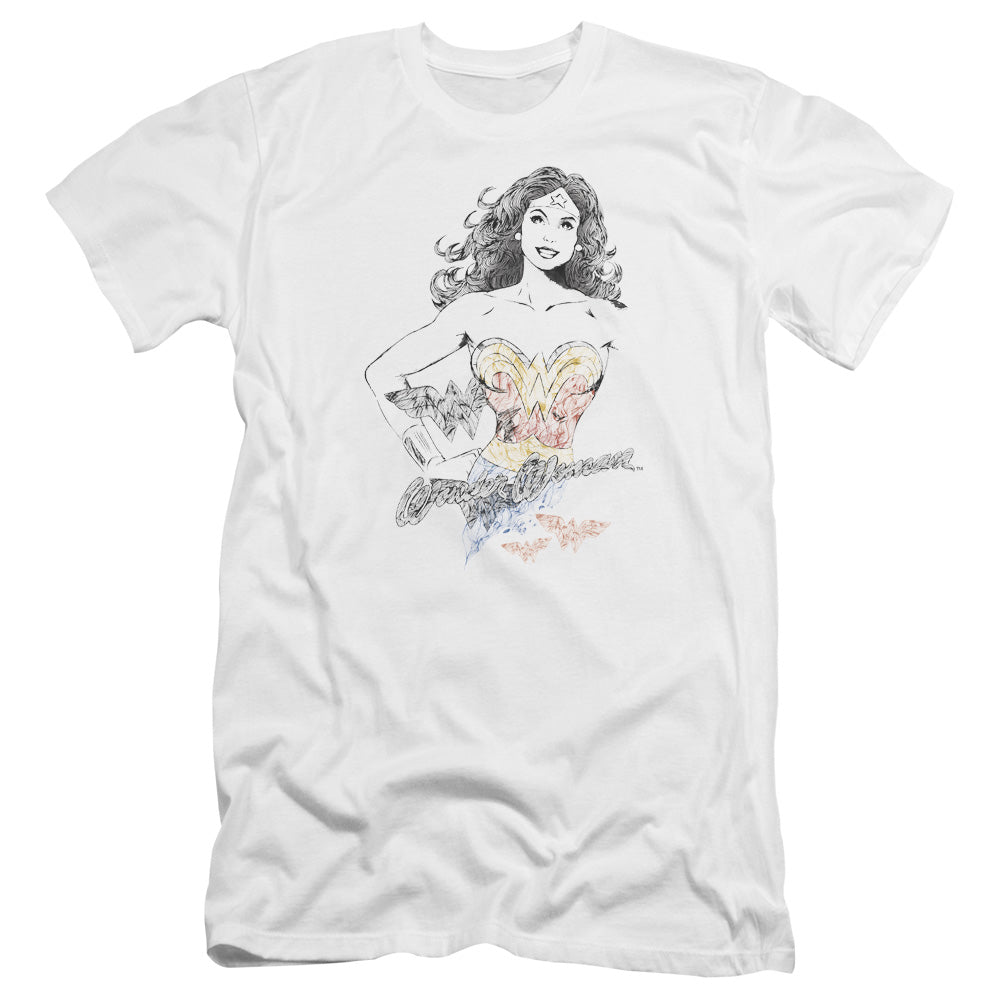 AN OFFCIALLY LICENSED DCO JLA WONDER SQUIGGLES MEN'S PREMIUM SLIM FIT T-SHIRT WHITE