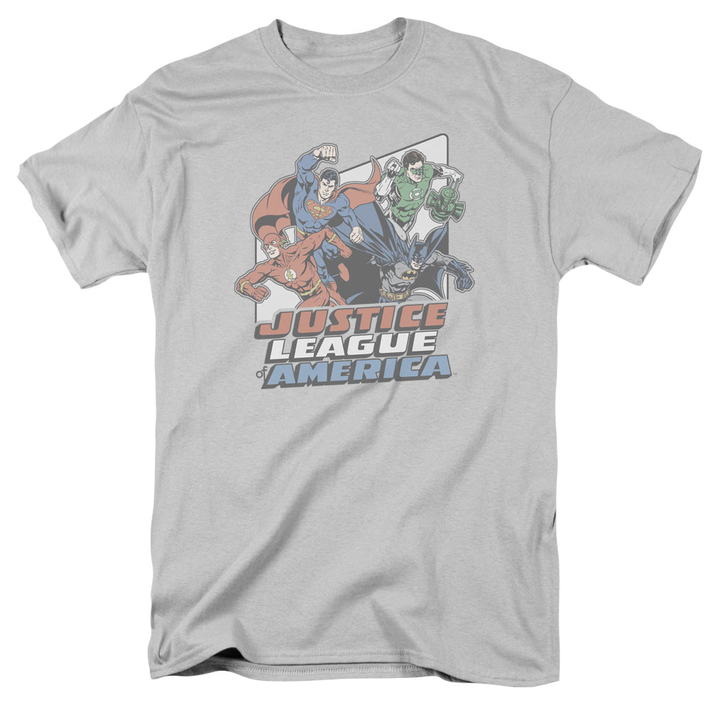 AN OFFCIALLY LICENSED JLA FOUR AGAINST CRIME MEN'S REGULAR FIT T-SHIRT SILVER