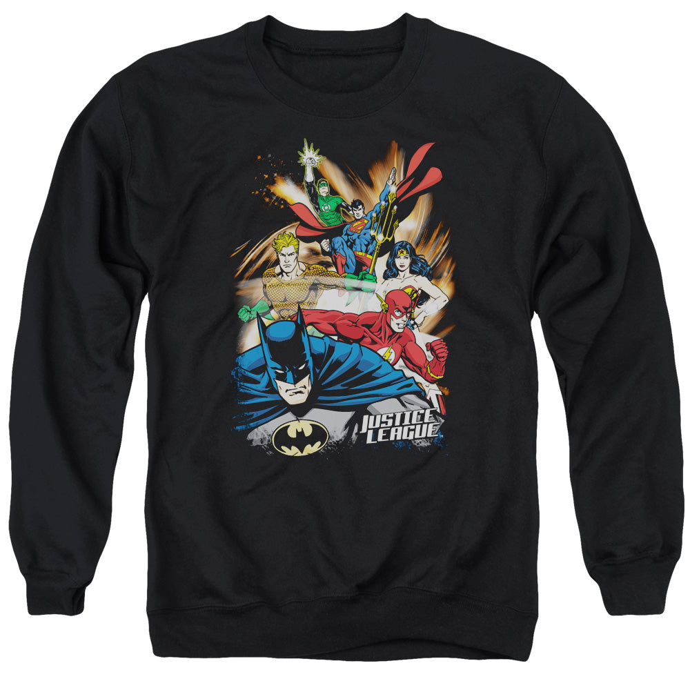 AN OFFCIALLY LICENSED JLA STARBURST ADULT UNISEX CREWNECK SWEATSHIRT BLACK