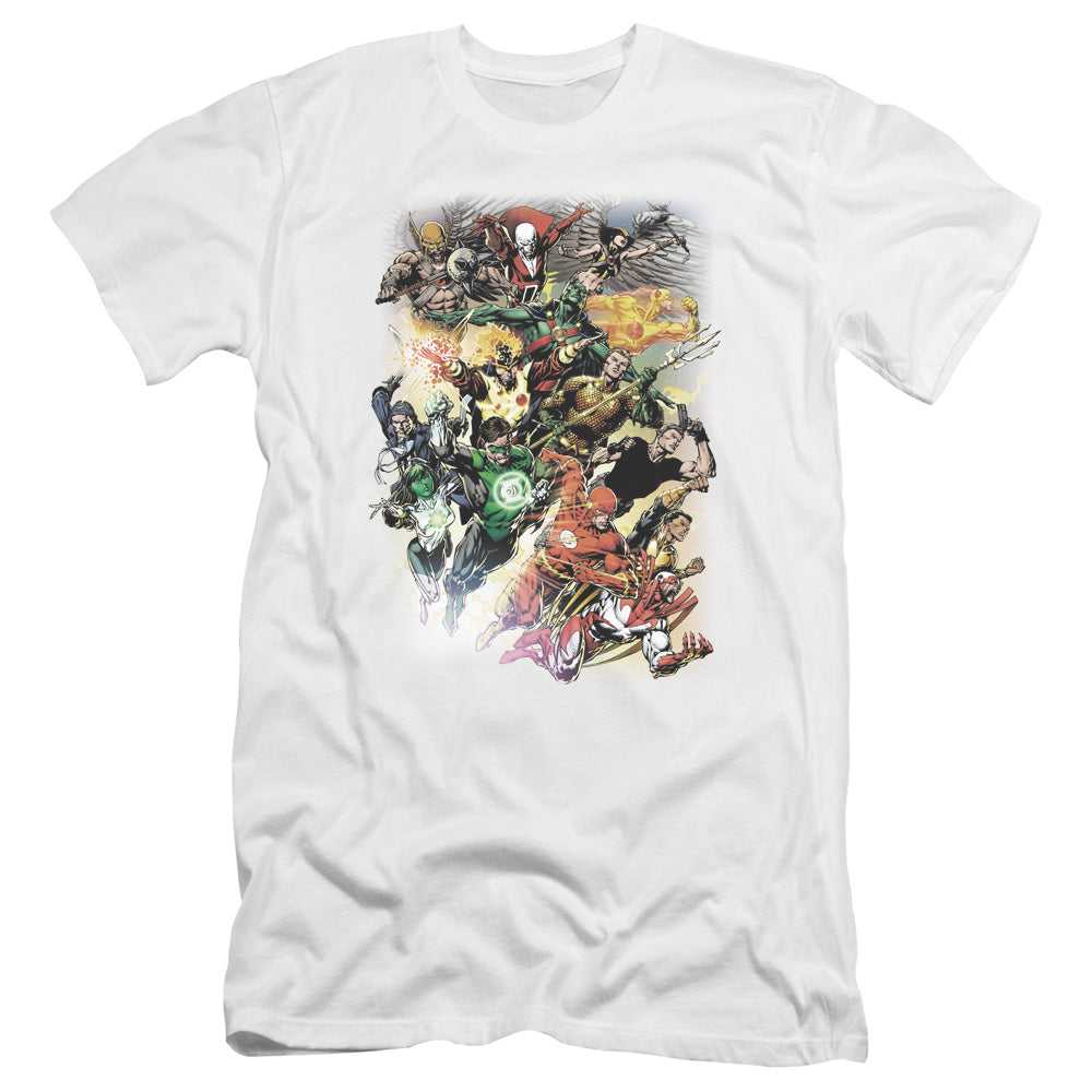 AN OFFCIALLY LICENSED JLA BRIGHTEST DAY #0 MEN'S PREMIUM SLIM FIT T-SHIRT WHITE