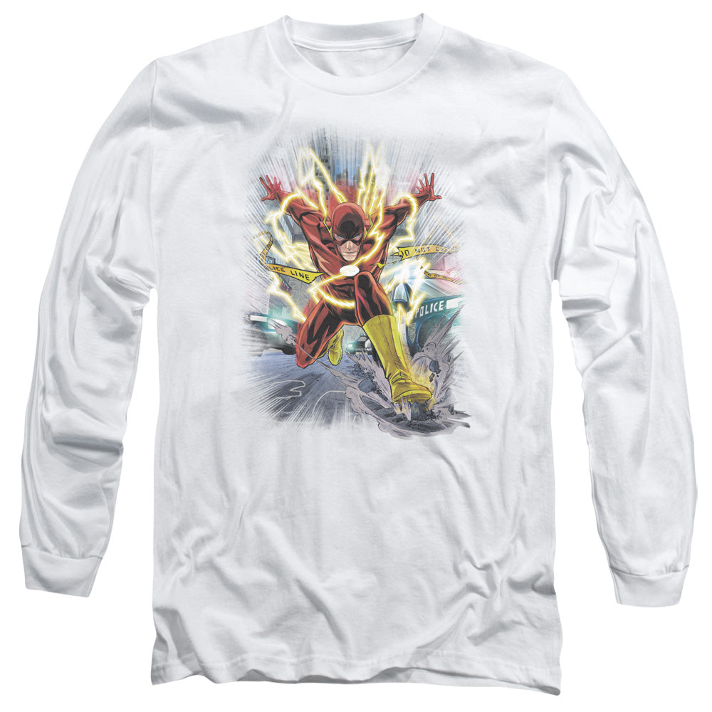 AN OFFCIALLY LICENSED JLA BRIGHTEST DAY FLASH MEN'S LONG SLEEVE T-SHIRT WHITE
