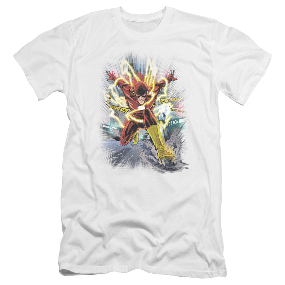 AN OFFCIALLY LICENSED JLA BRIGHTEST DAY FLASH MEN'S PREMIUM SLIM FIT T-SHIRT WHITE