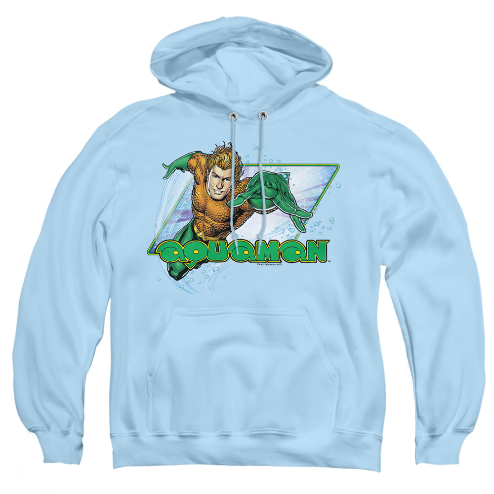 AN OFFCIALLY LICENSED JLA AQUAMAN ADULT UNISEX PULLOVER HOODIE LIGHT BLUE