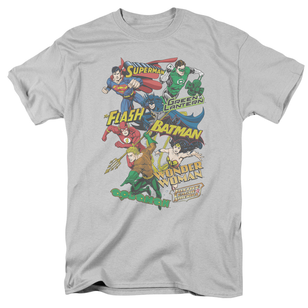 AN OFFCIALLY LICENSED JLA JUSTICE COLLAGE MEN'S REGULAR FIT T-SHIRT SILVER
