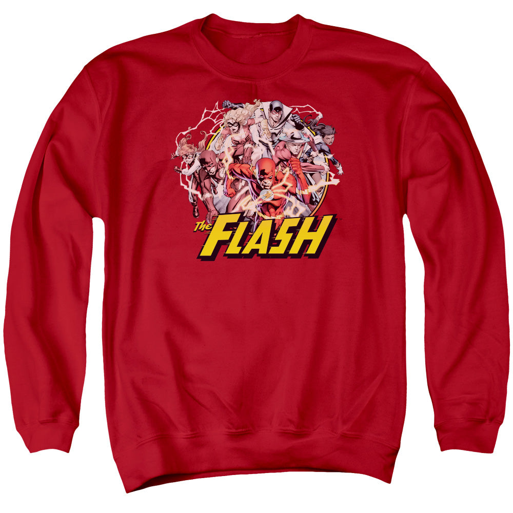 AN OFFCIALLY LICENSED JLA FLASH FAMILY ADULT UNISEX CREWNECK SWEATSHIRT RED