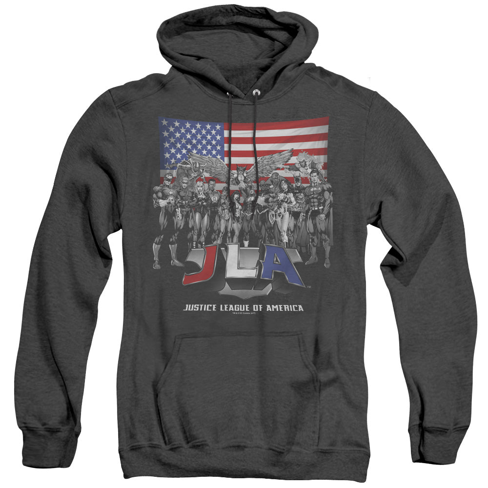 AN OFFCIALLY LICENSED JLA ALL AMERICAN LEAGUE ADULT UNISEX HEATHER PULLOVER HOODIE BLACK