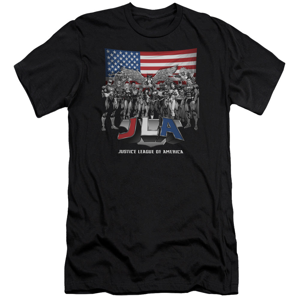 AN OFFCIALLY LICENSED JLA ALL AMERICAN LEAGUE MEN'S PREMIUM SLIM FIT T-SHIRT BLACK