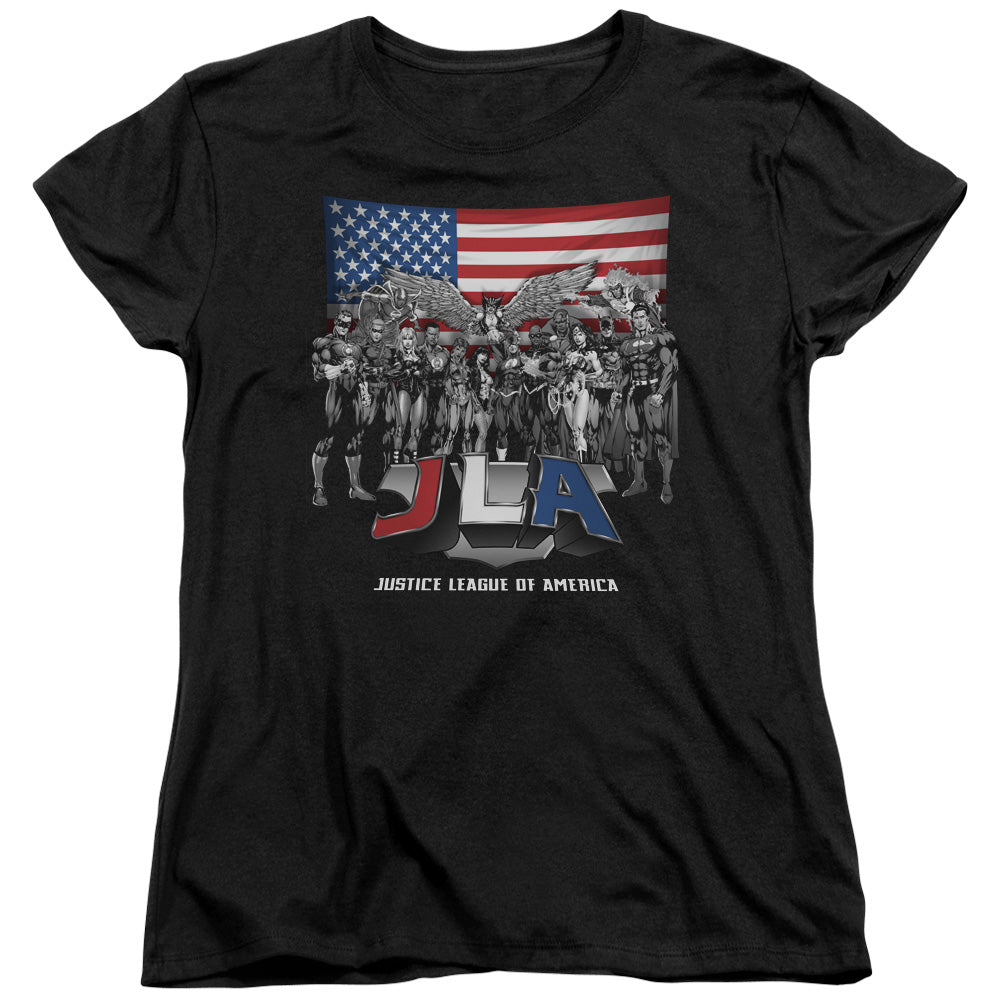 AN OFFCIALLY LICENSED JLA ALL AMERICAN LEAGUE WOMEN'S REGULAR FIT T-SHIRT BLACK
