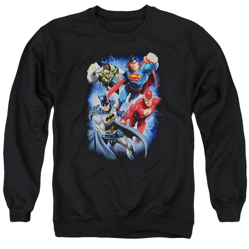 AN OFFCIALLY LICENSED JLA STORM MAKERS ADULT UNISEX CREWNECK SWEATSHIRT BLACK
