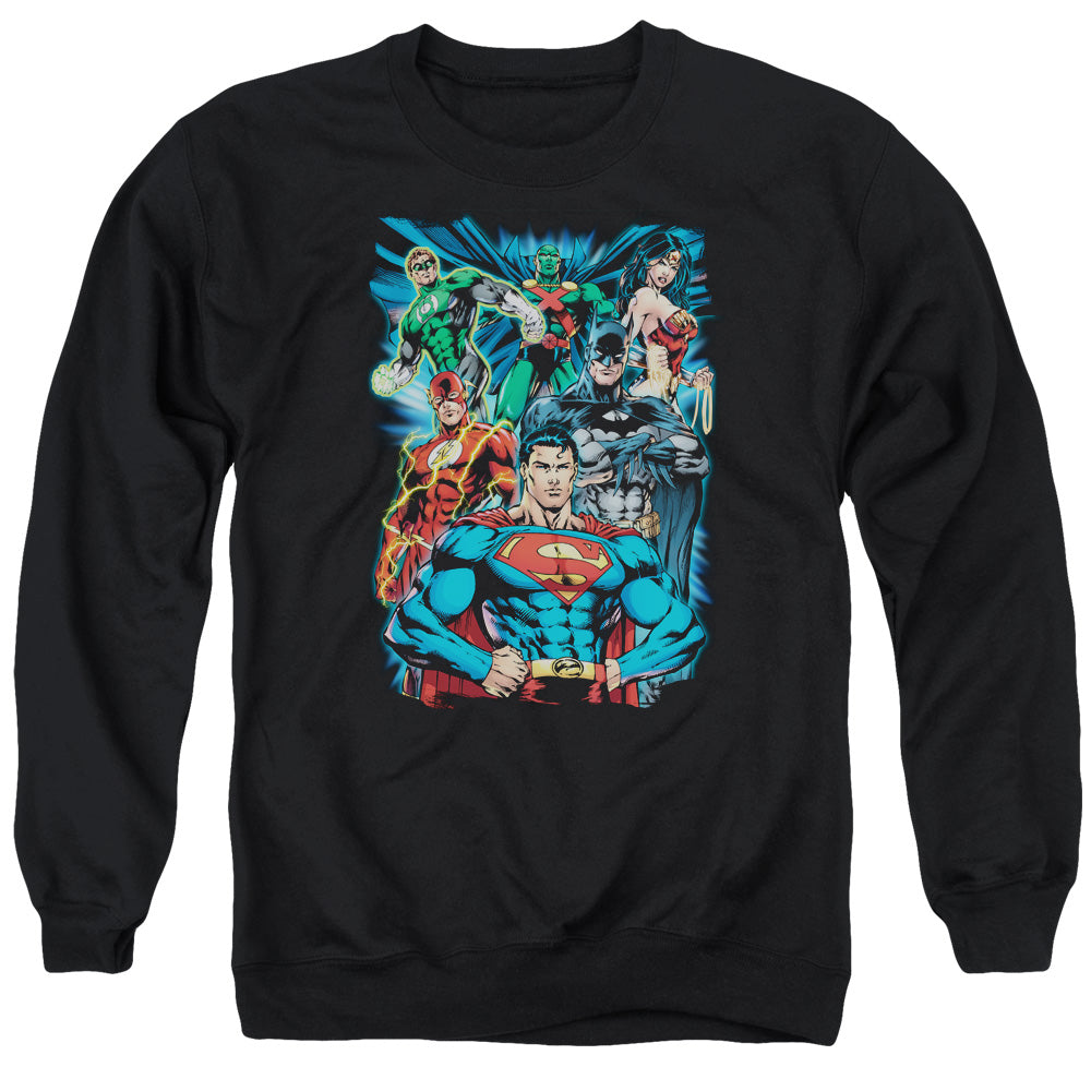 AN OFFCIALLY LICENSED JLA JUSTICE IS SERVED ADULT UNISEX CREWNECK SWEATSHIRT BLACK