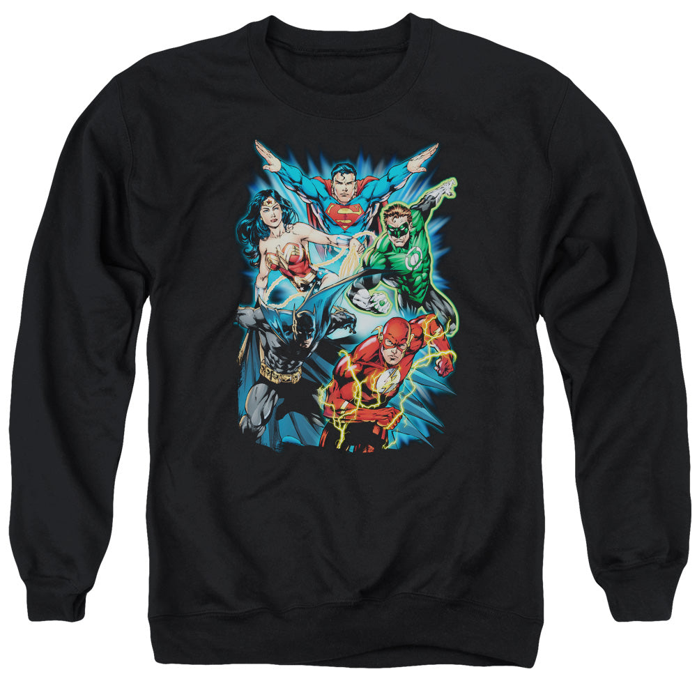 AN OFFCIALLY LICENSED JLA JL ASSEMBLE ADULT UNISEX CREWNECK SWEATSHIRT BLACK
