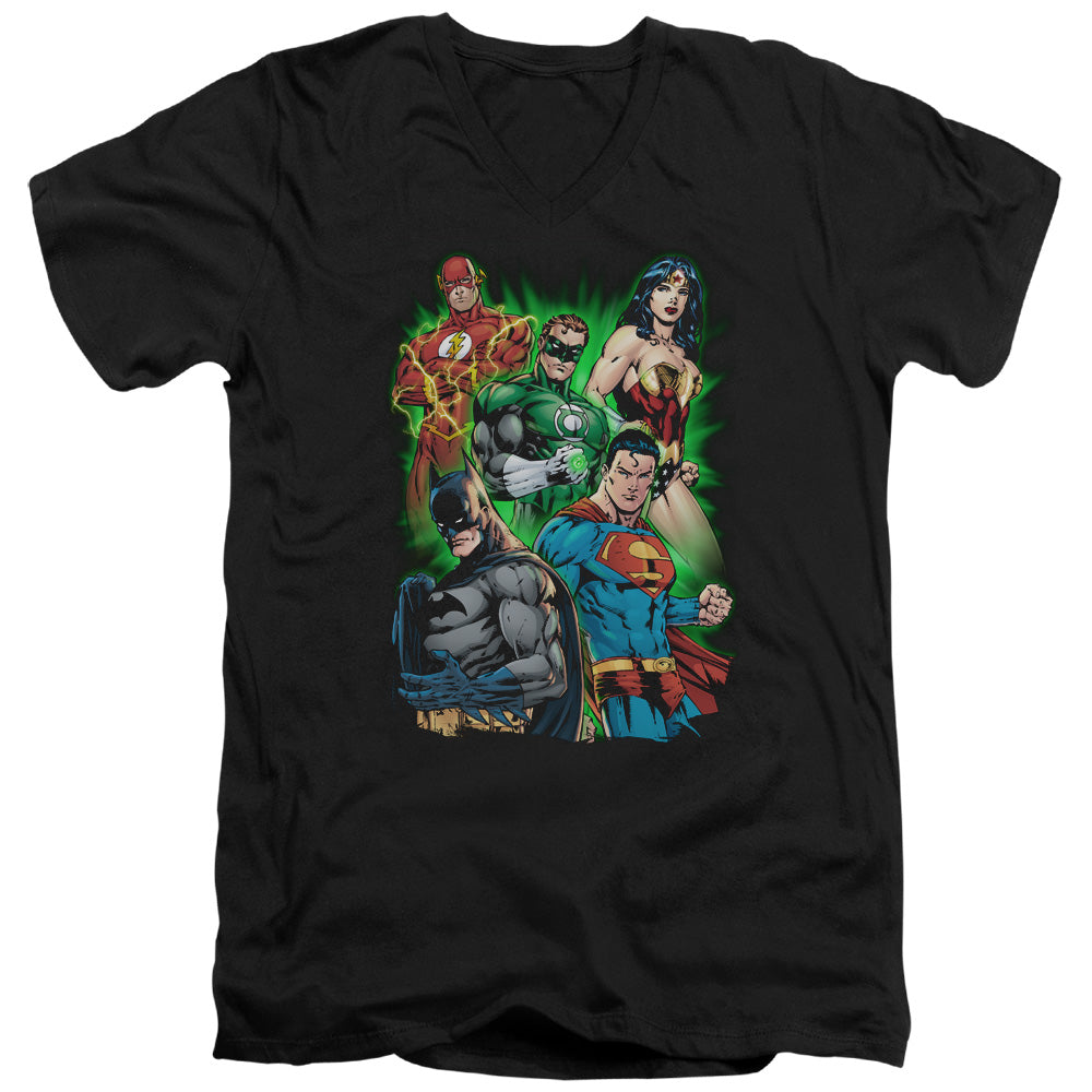 AN OFFCIALLY LICENSED JLA WILL POWER MEN'S V-NECK T-SHIRT BLACK