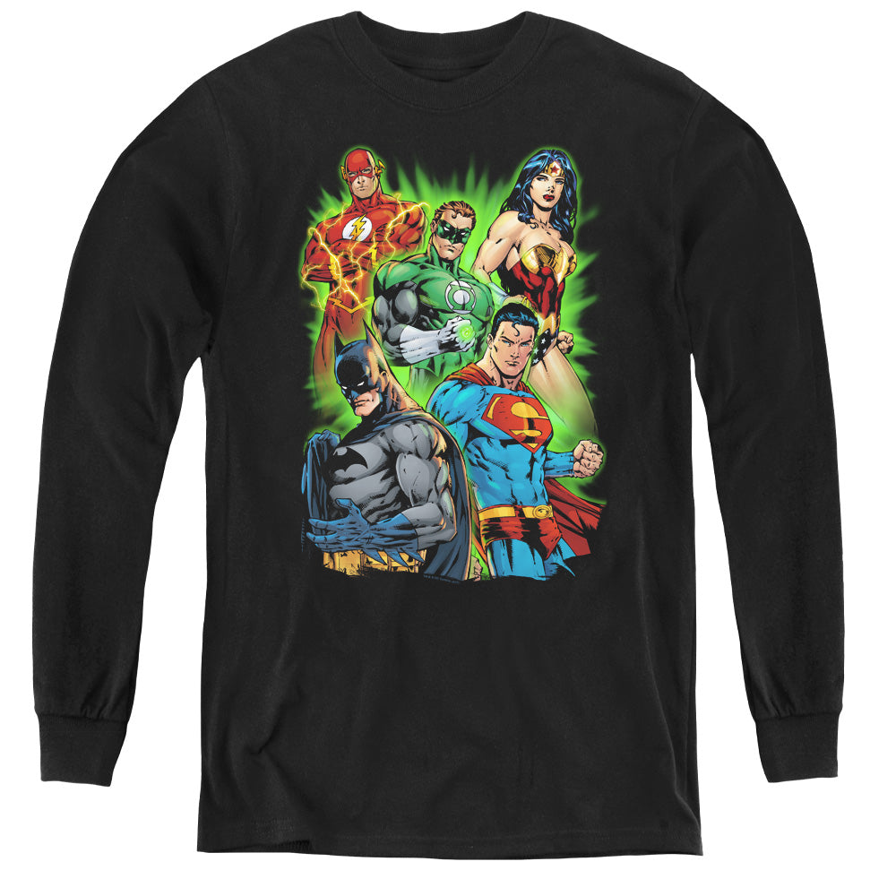 AN OFFCIALLY LICENSED JLA WILL POWER YOUTH LONG SLEEVE T-SHIRT BLACK
