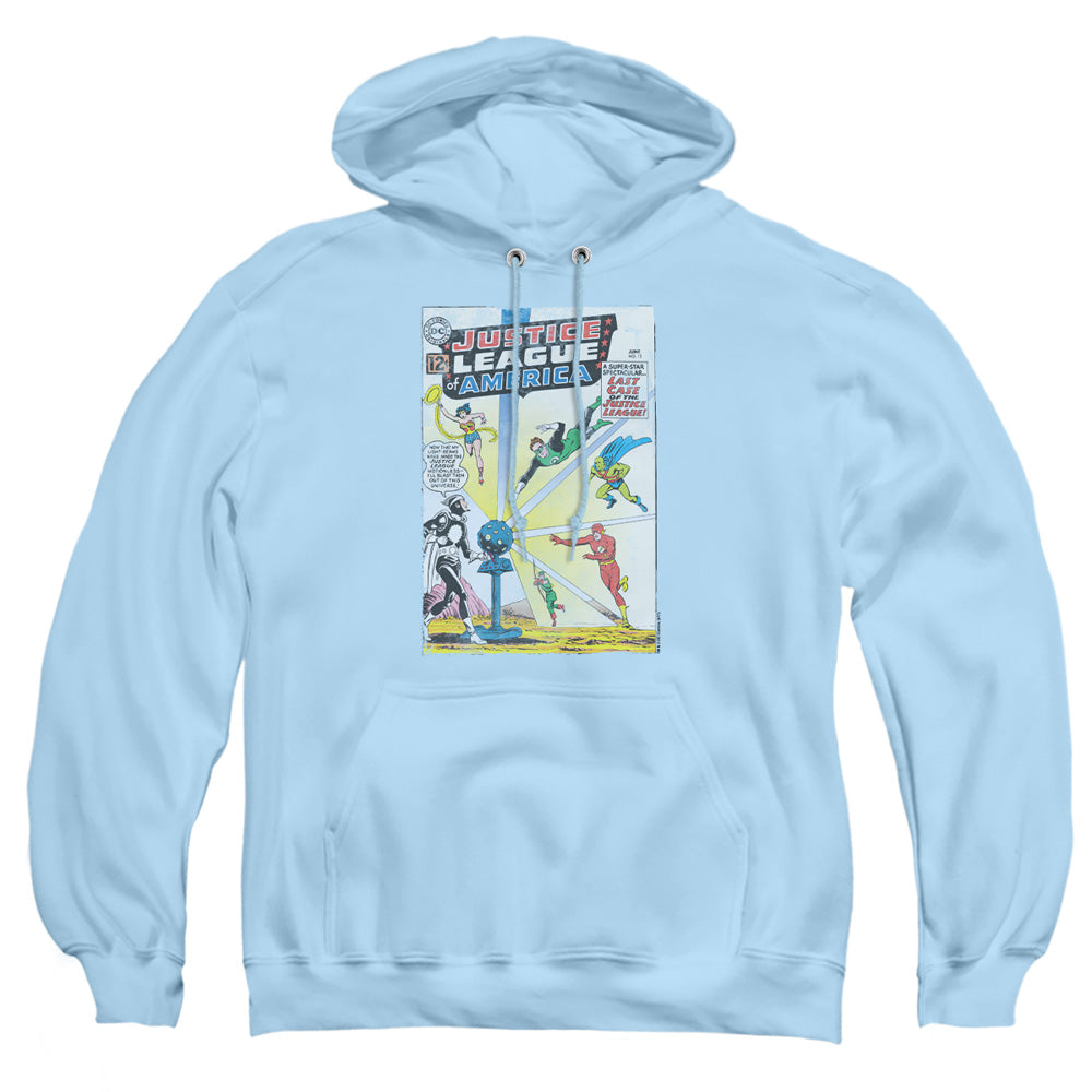 AN OFFCIALLY LICENSED JLA VINTAGE COVER 12 ADULT UNISEX PULLOVER HOODIE LIGHT BLUE