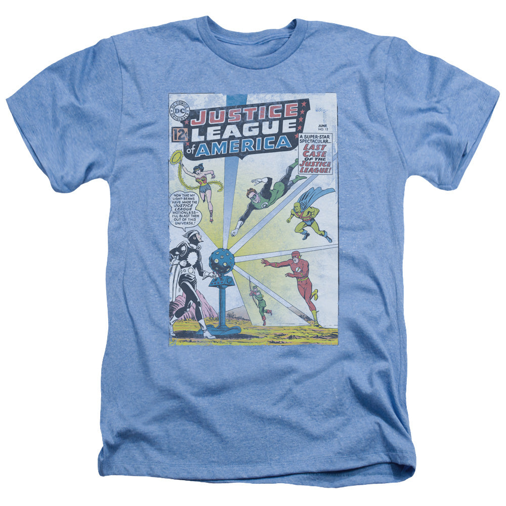 AN OFFCIALLY LICENSED JLA VINTAGE COVER 12 MEN'S HEATHER T-SHIRT LIGHT BLUE