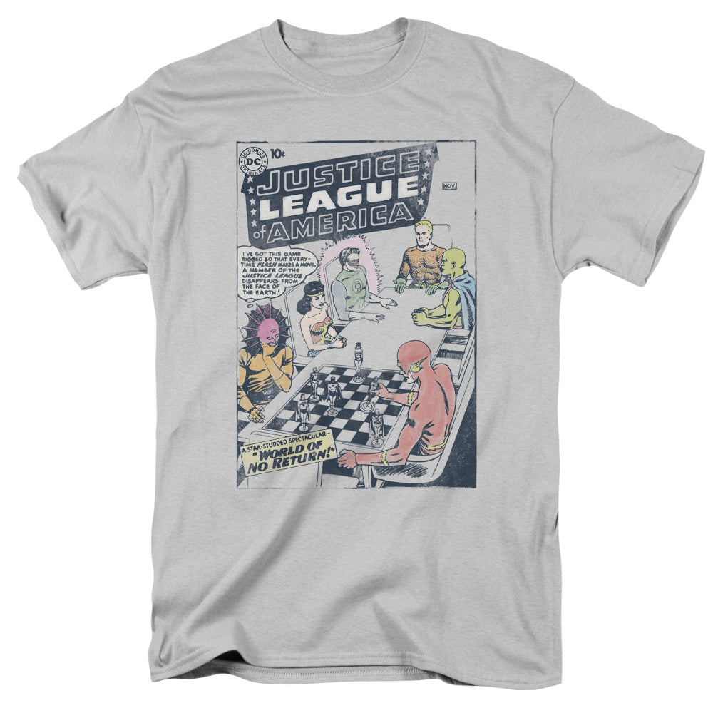 AN OFFCIALLY LICENSED JLA WORLD OF NO RETURN MEN'S REGULAR FIT T-SHIRT SILVER