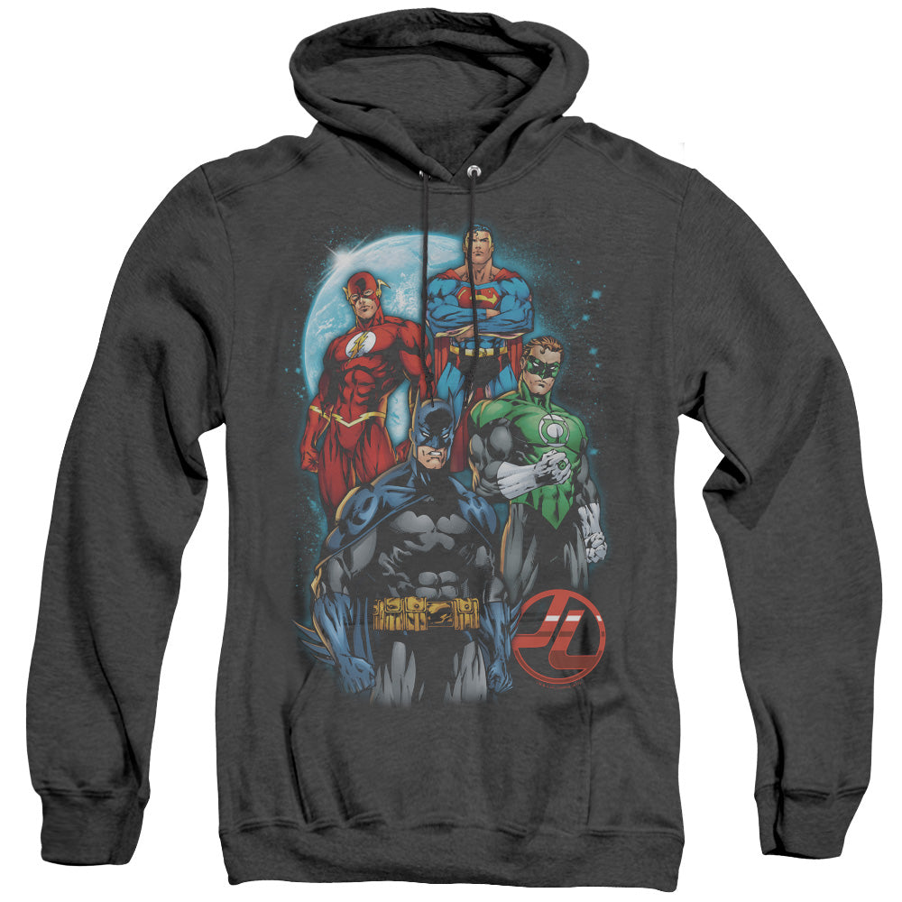 AN OFFCIALLY LICENSED JLA THE FOUR ADULT UNISEX HEATHER PULLOVER HOODIE BLACK