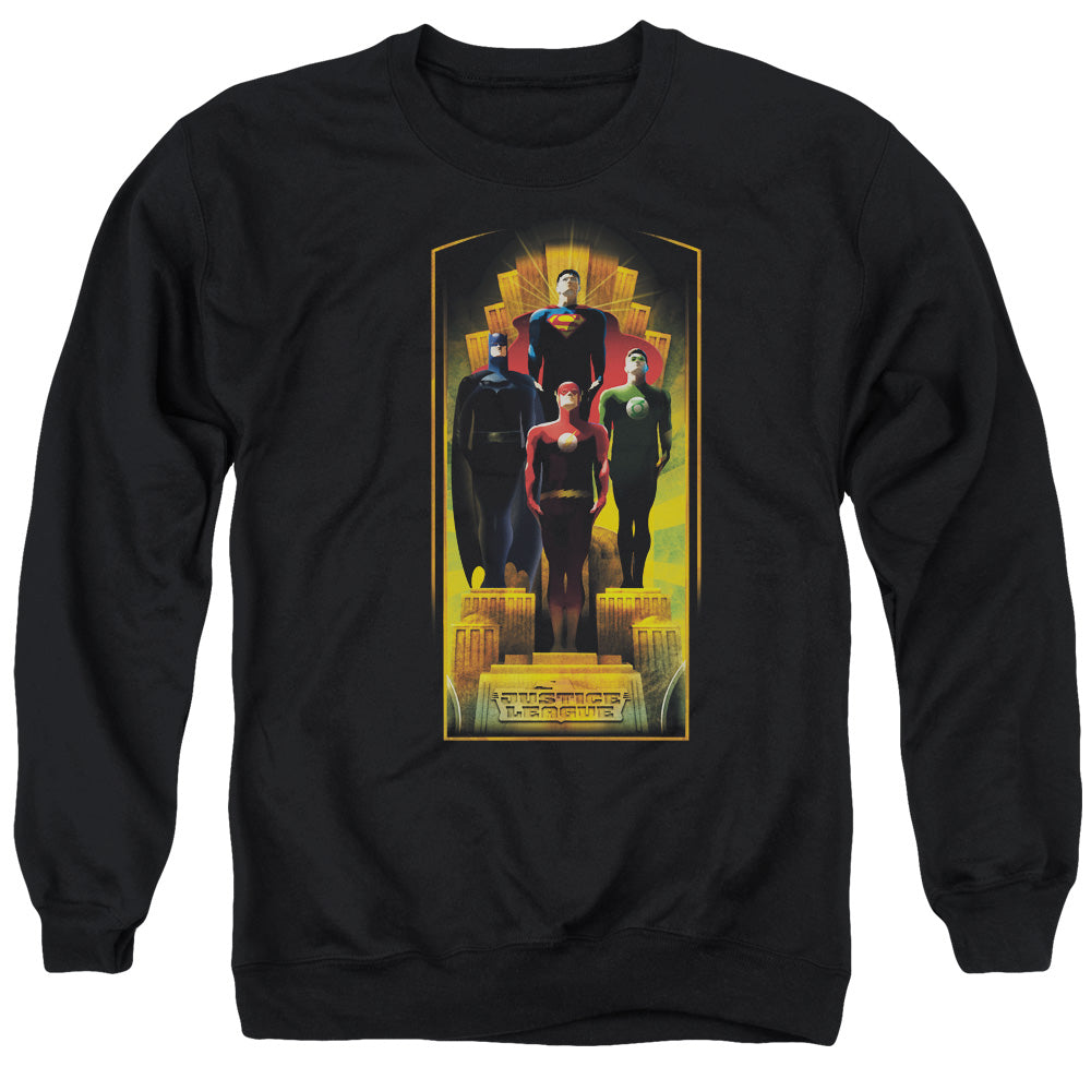 AN OFFCIALLY LICENSED JLA DECO ADULT UNISEX CREWNECK SWEATSHIRT BLACK