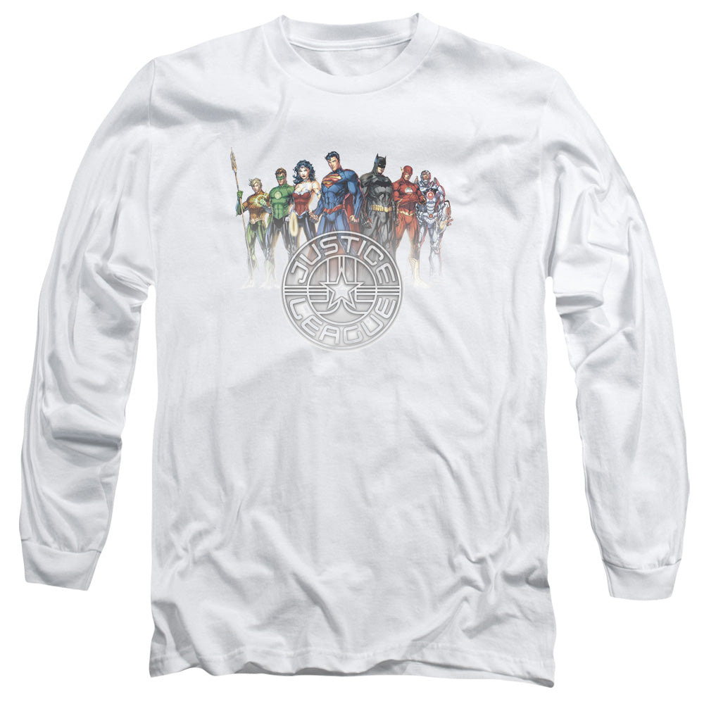 AN OFFCIALLY LICENSED JLA CIRCLE CREST MEN'S LONG SLEEVE T-SHIRT WHITE
