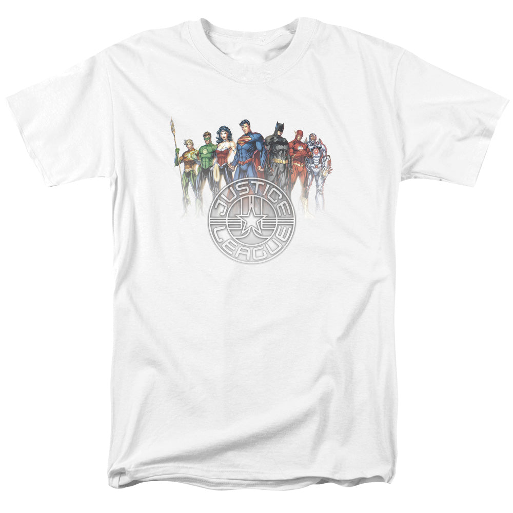 AN OFFCIALLY LICENSED JLA CIRCLE CREST MEN'S REGULAR FIT T-SHIRT WHITE