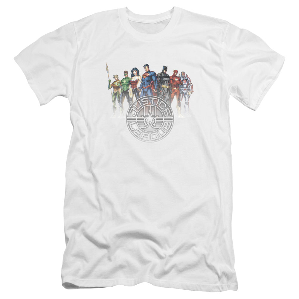 AN OFFCIALLY LICENSED JLA CIRCLE CREST MEN'S PREMIUM SLIM FIT T-SHIRT WHITE
