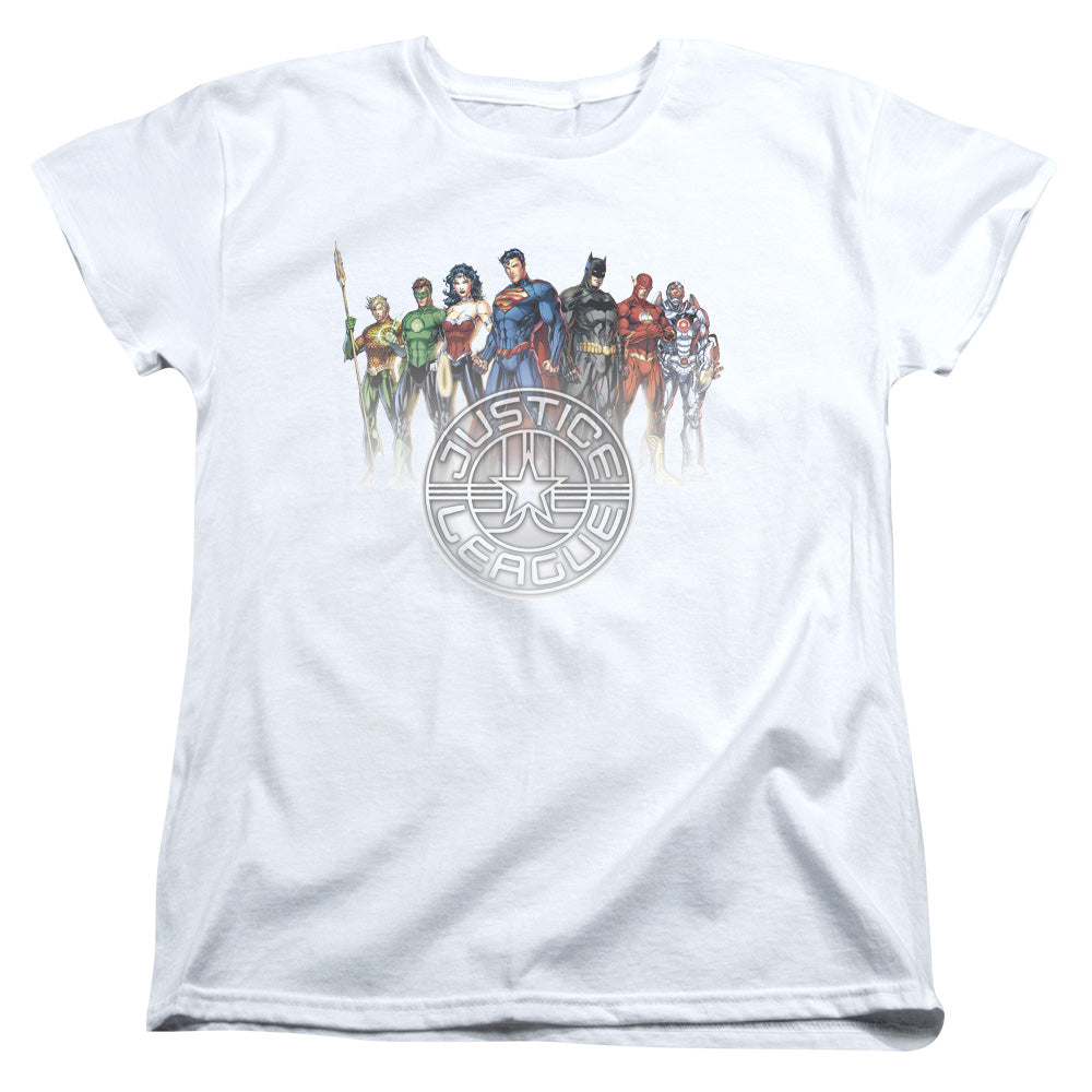 AN OFFCIALLY LICENSED JLA CIRCLE CREST WOMEN'S REGULAR FIT T-SHIRT WHITE