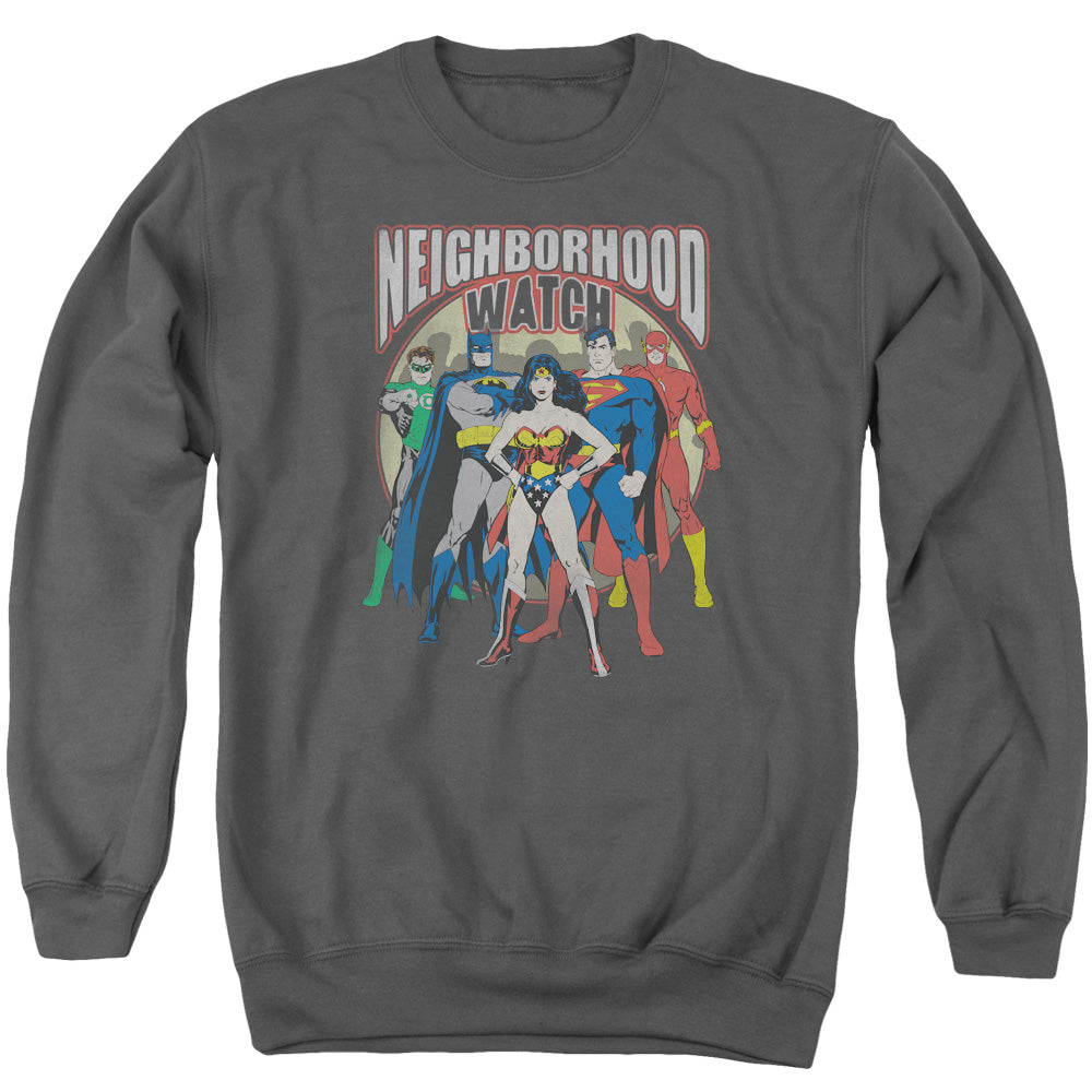 AN OFFCIALLY LICENSED JLA NEIGHBORHOOD WATCH ADULT UNISEX CREWNECK SWEATSHIRT CHARCOAL