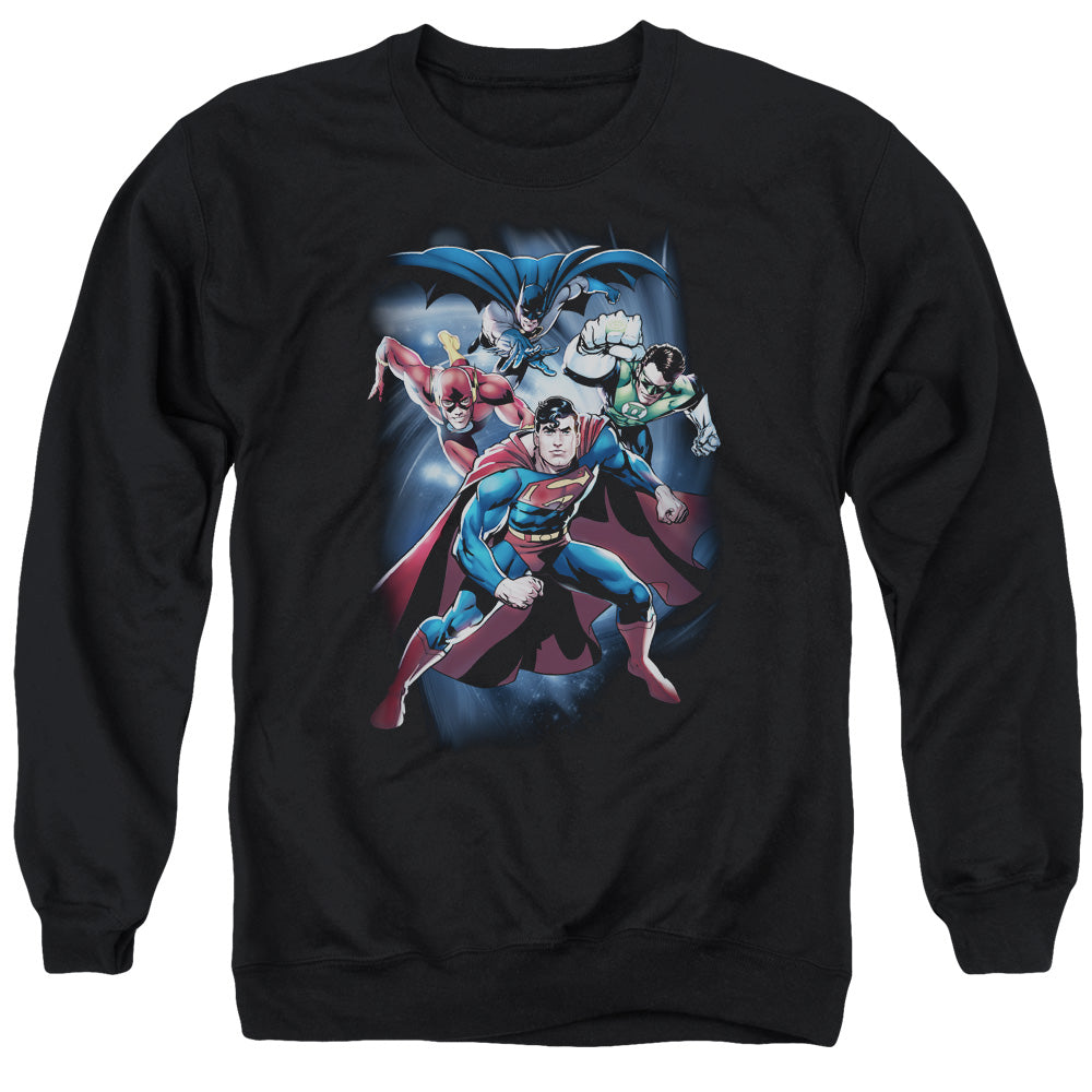 AN OFFCIALLY LICENSED JLA COSMIC CREW ADULT UNISEX CREWNECK SWEATSHIRT BLACK