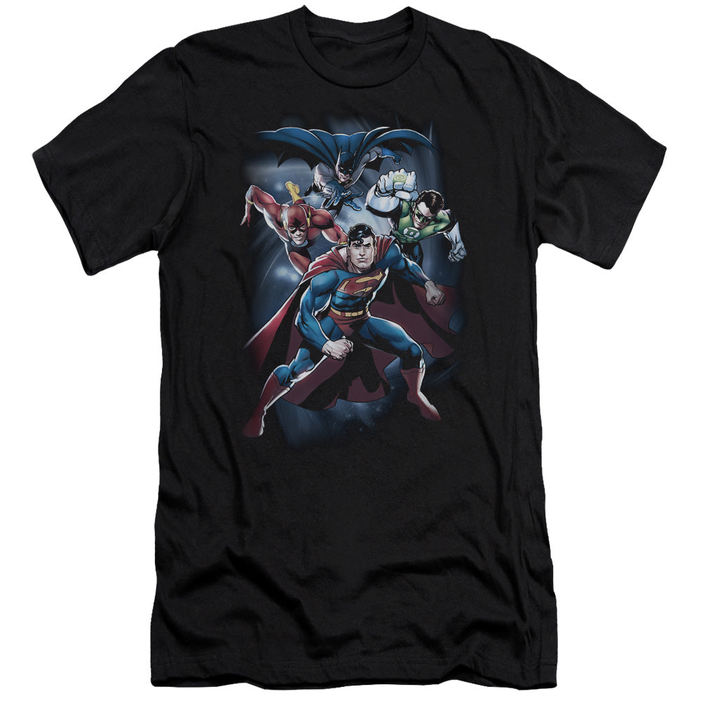 AN OFFCIALLY LICENSED JLA COSMIC CREW MEN'S PREMIUM SLIM FIT T-SHIRT BLACK