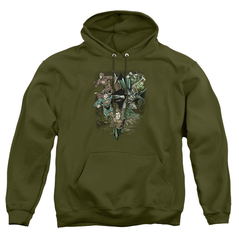 AN OFFCIALLY LICENSED JLA SPACING OUT ADULT UNISEX PULLOVER HOODIE MILITARY GREEN