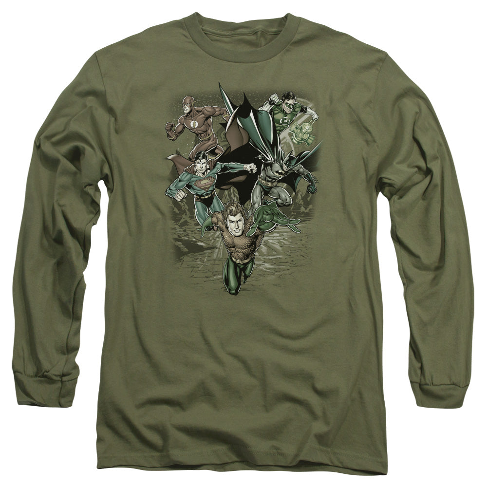 AN OFFCIALLY LICENSED JLA SPACING OUT MEN'S LONG SLEEVE T-SHIRT MILITARY GREEN