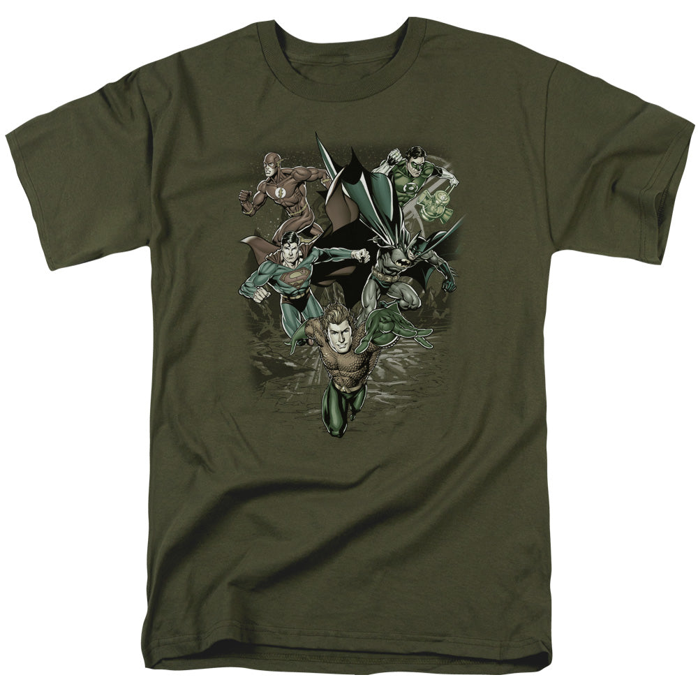 AN OFFCIALLY LICENSED JLA SPACING OUT MEN'S REGULAR FIT T-SHIRT MILITARY GREEN
