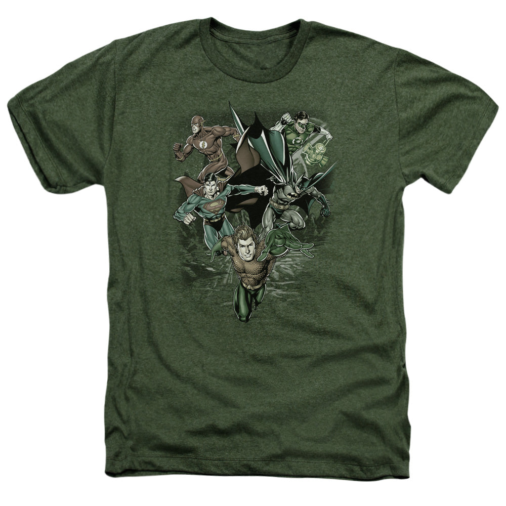 AN OFFCIALLY LICENSED JLA SPACING OUT MEN'S HEATHER T-SHIRT MILITARY GREEN